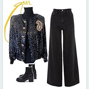 Vintage Bomber sequin jacket snap buttons paisley